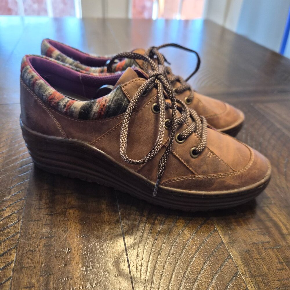 Bionica Womens Wedge Shoes Sneakers Gervais Leather Textile Oxford Brown 10M - Picture 3 of 9
